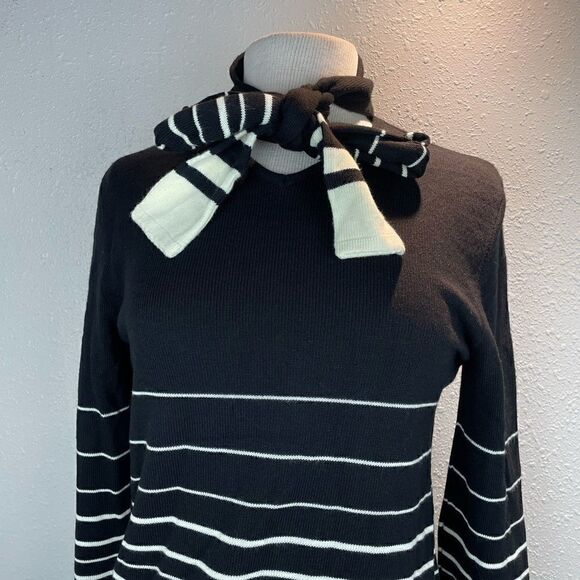 NWT Leslie Fay Womens Black and White Sweater with Attached Tie Scarf Size S - Picture 2 of 8